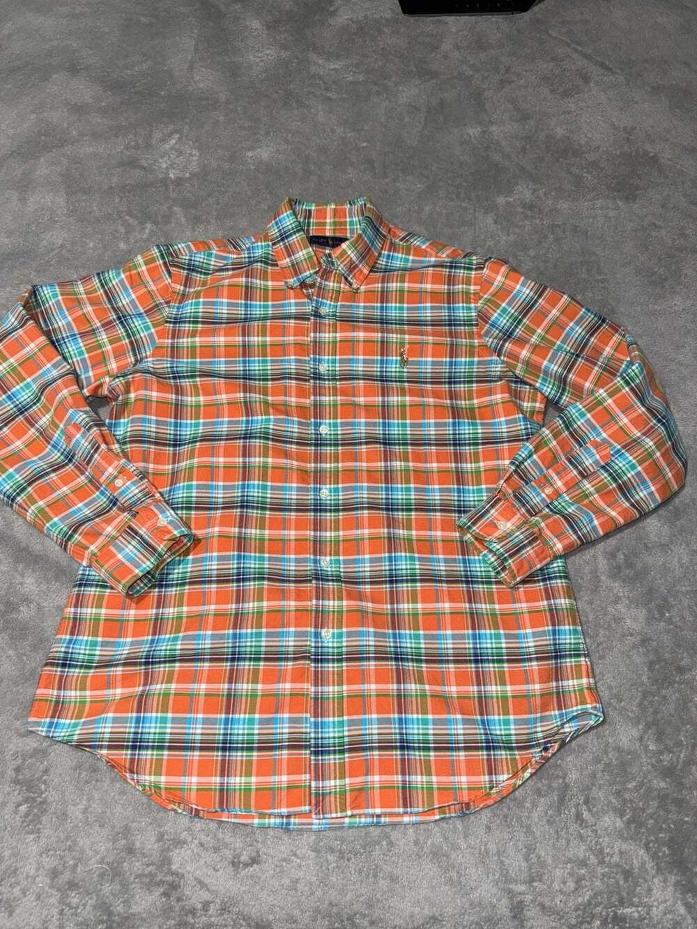 Ralph Lauren Men's Orange Plaid Long Sleeve Button-Down Oxford Shirt